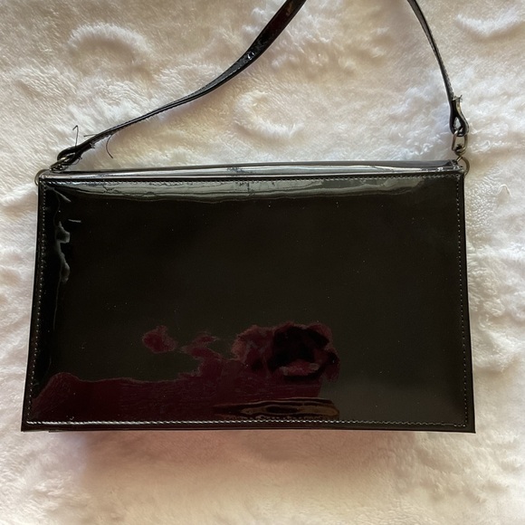 Vintage Black Envelope Clutch Evening Bag Slim Minimalist Purse with Chain Strap - Picture 2 of 5